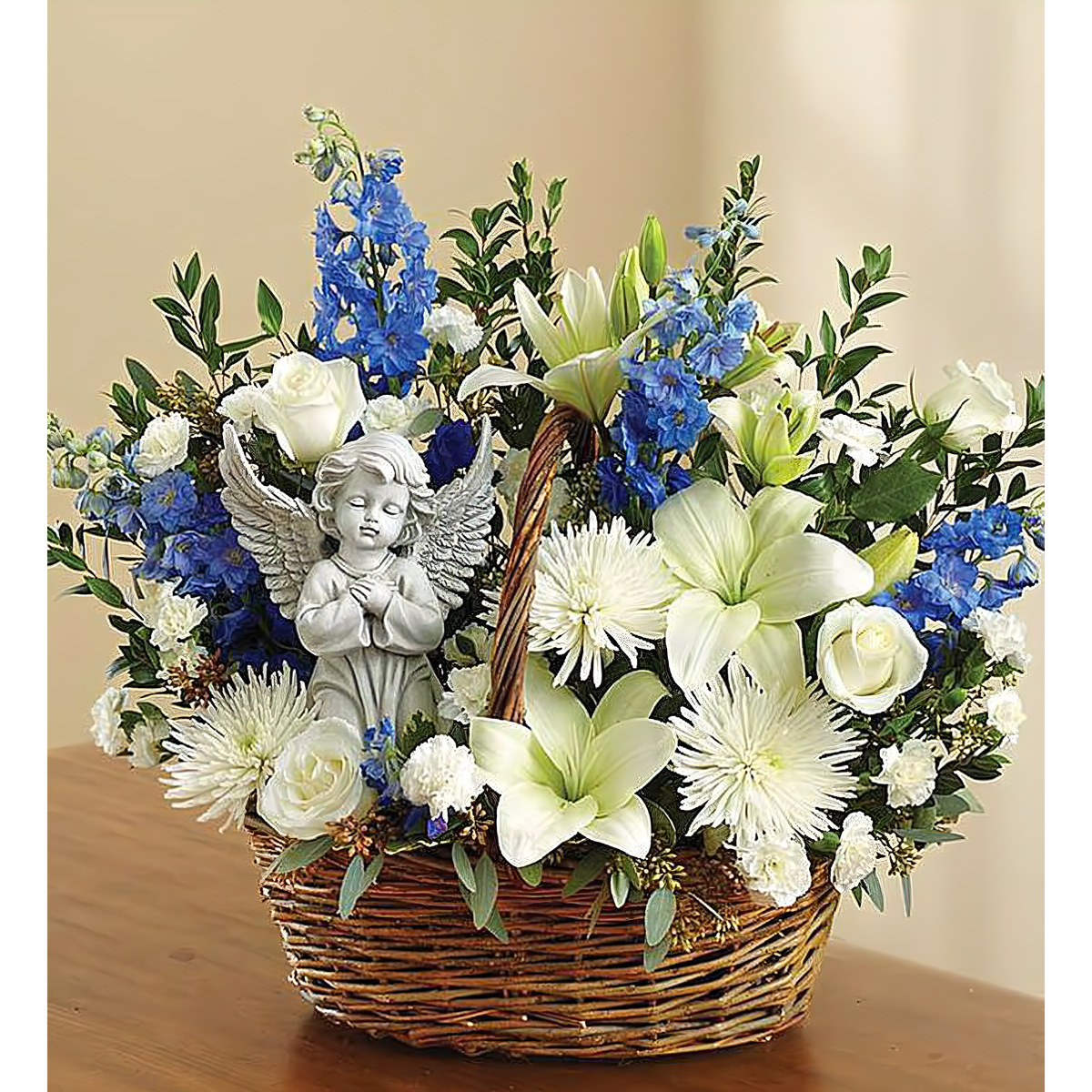 Heavenly Angel &amp; Blue and White Basket - Funeral &gt; Baskets