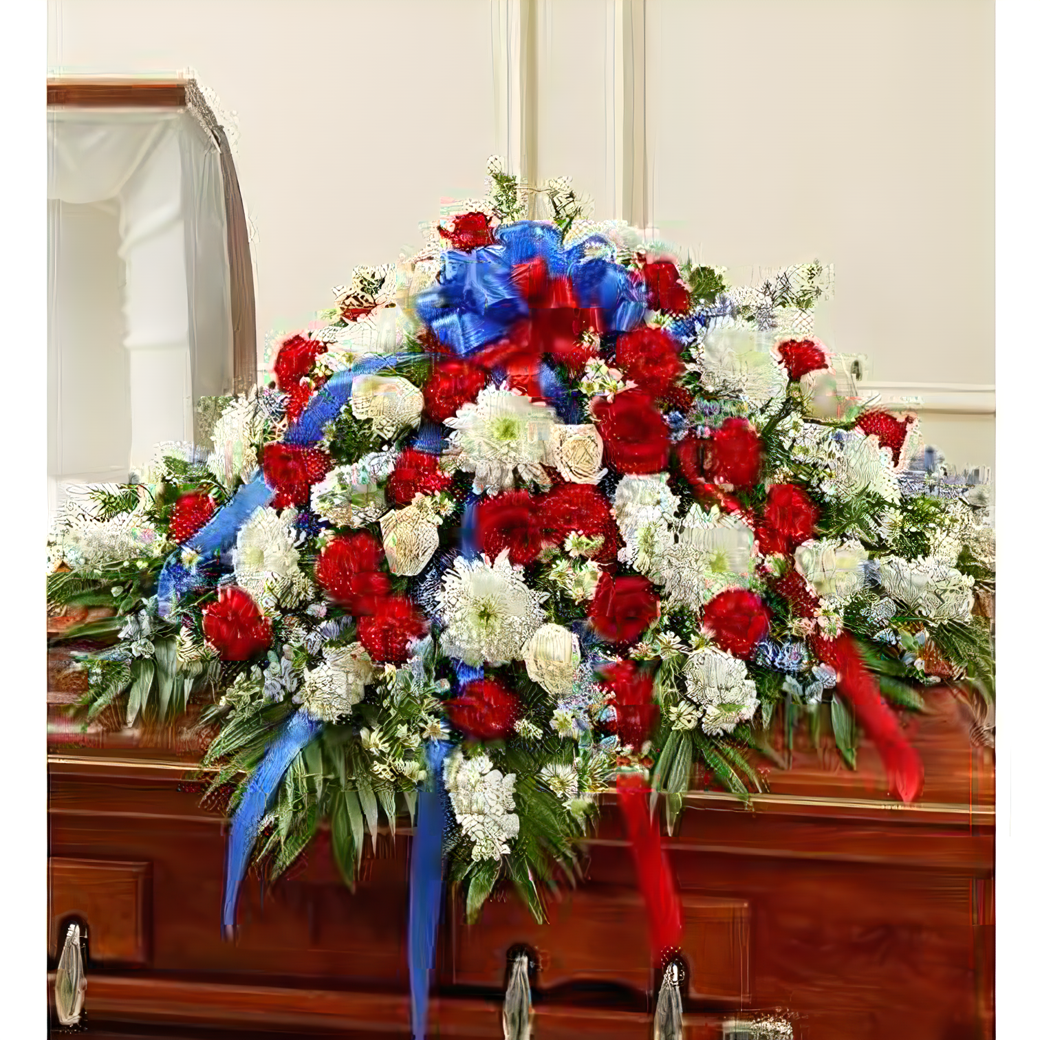 Red, White & Blue Cherished Rose Half Casket Cover - Funeral > Casket Sprays
