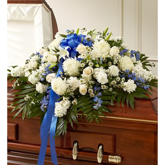 Blue & White Cherished Rose Half Casket Cover - Funeral > Casket Sprays