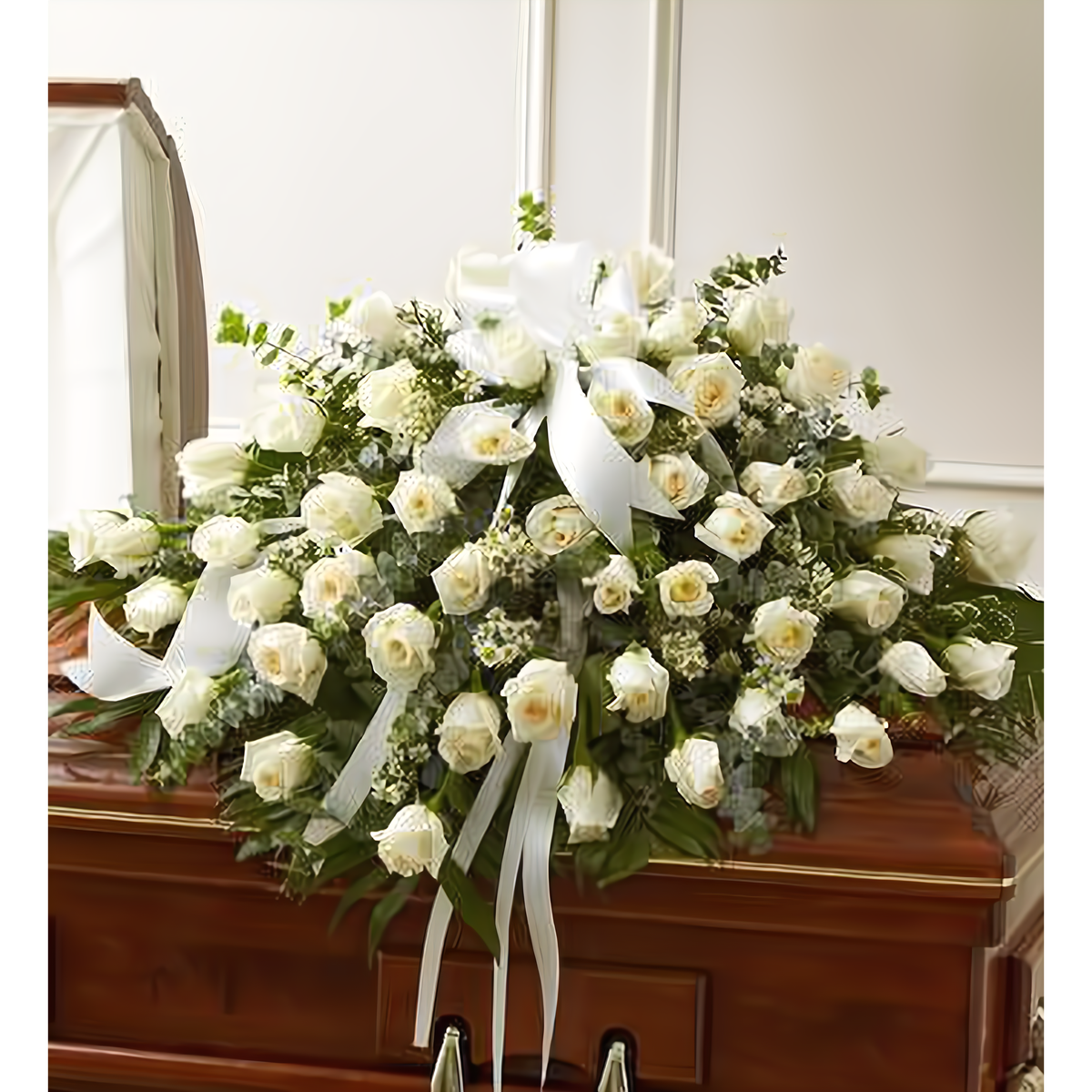 Cherished Memories White Rose Half Casket Cover - Funeral &gt; Casket Sprays