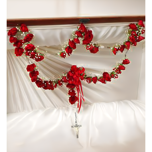 Large Rosary with Red Spray Roses - Funeral > Casket Sprays