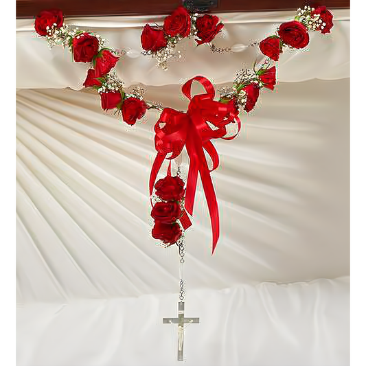Small Rosary with Red Spray Roses - Funeral > Casket Sprays