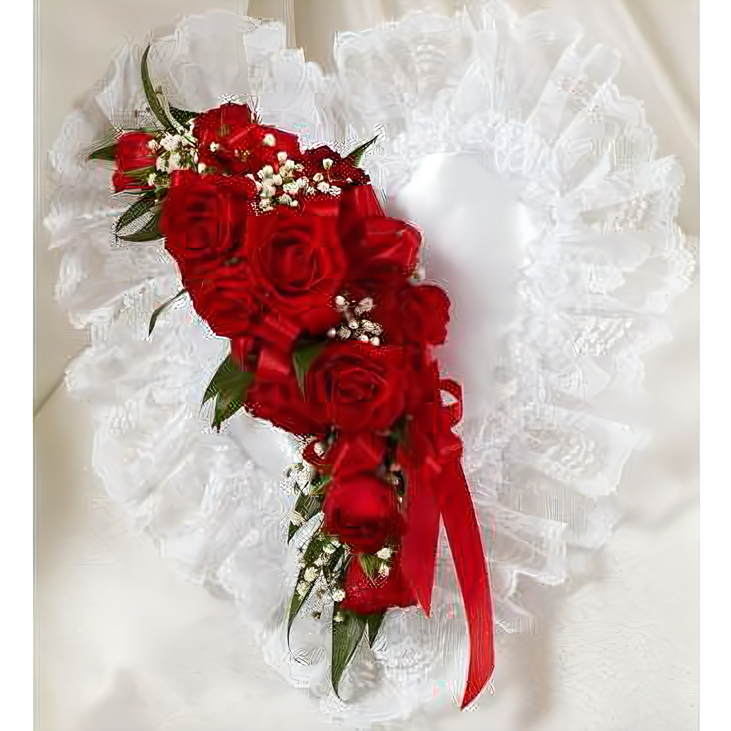 Red and White Satin Heart Casket Pillow - Funeral > Casket Sprays