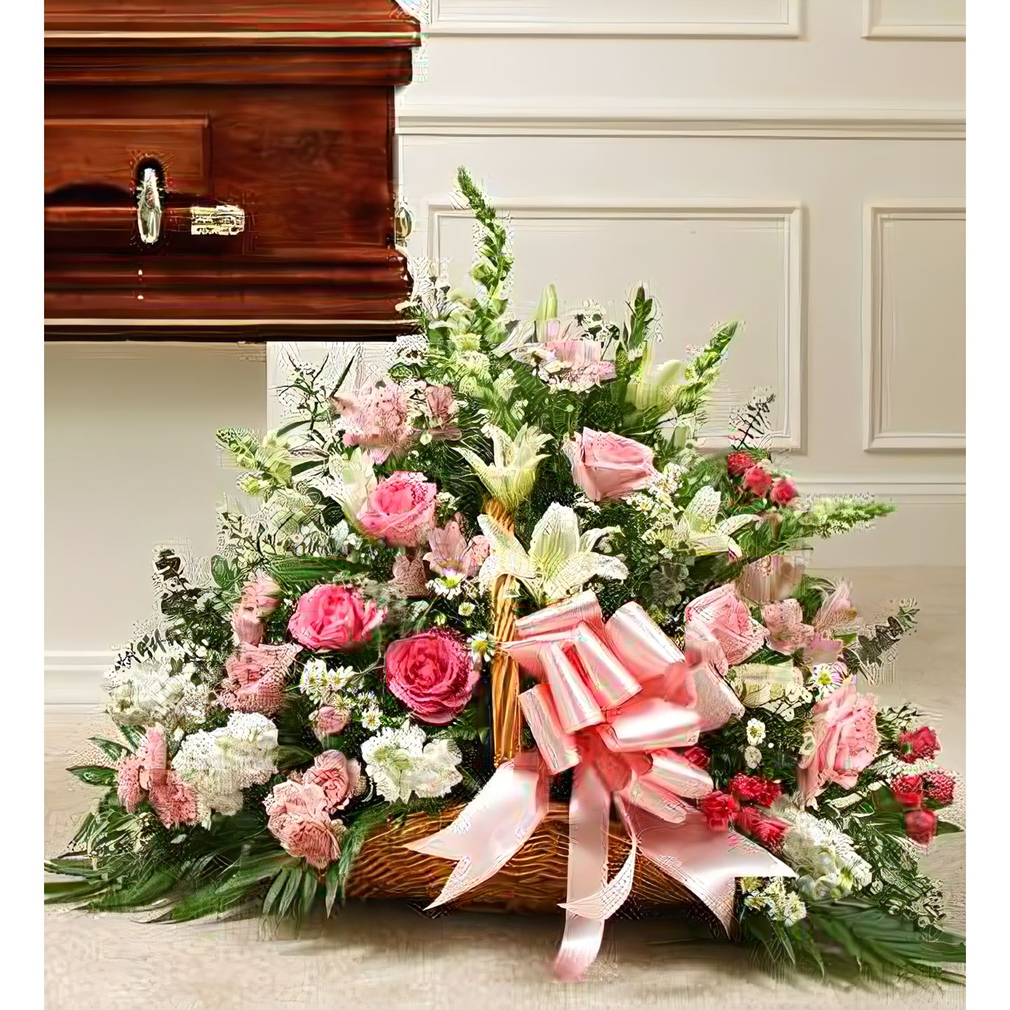 Sincerest Sympathies Fireside Basket-Pink &amp; White - Funeral > For the Service