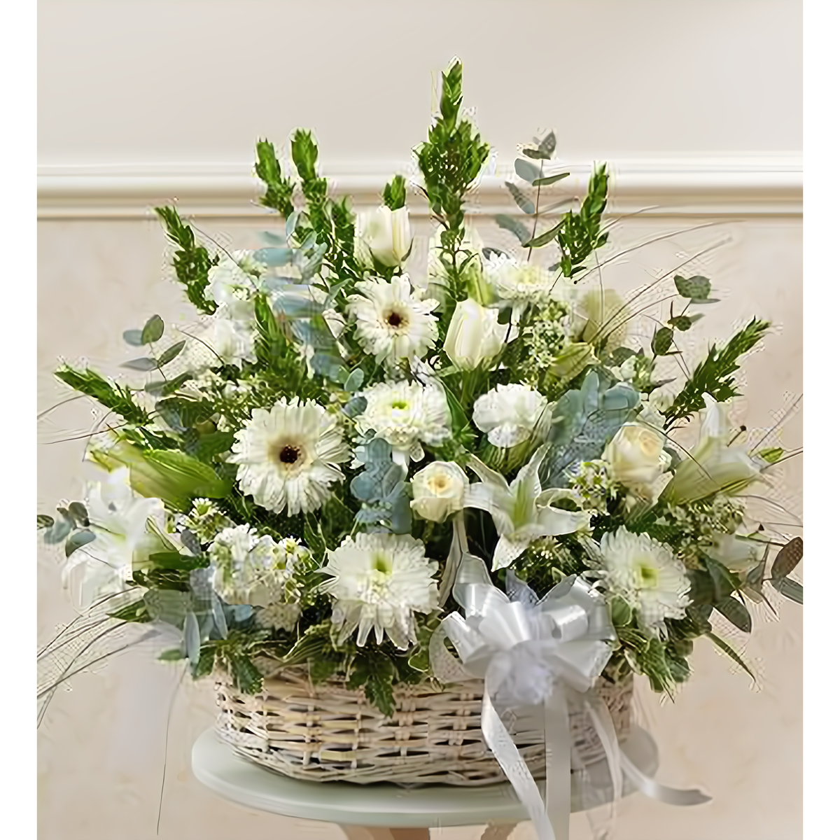 White Sympathy Arrangement in Basket - Funeral &gt; For the Service