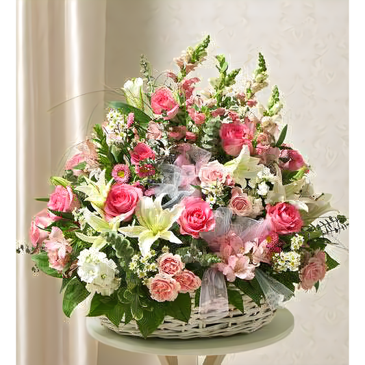 Pink and White Sympathy Arrangement in Basket - Funeral > For the Service