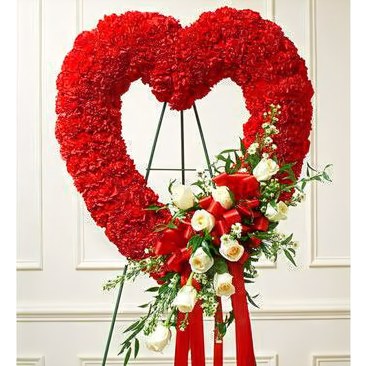 Red and White Open Heart with White Roses - Funeral > Hearts