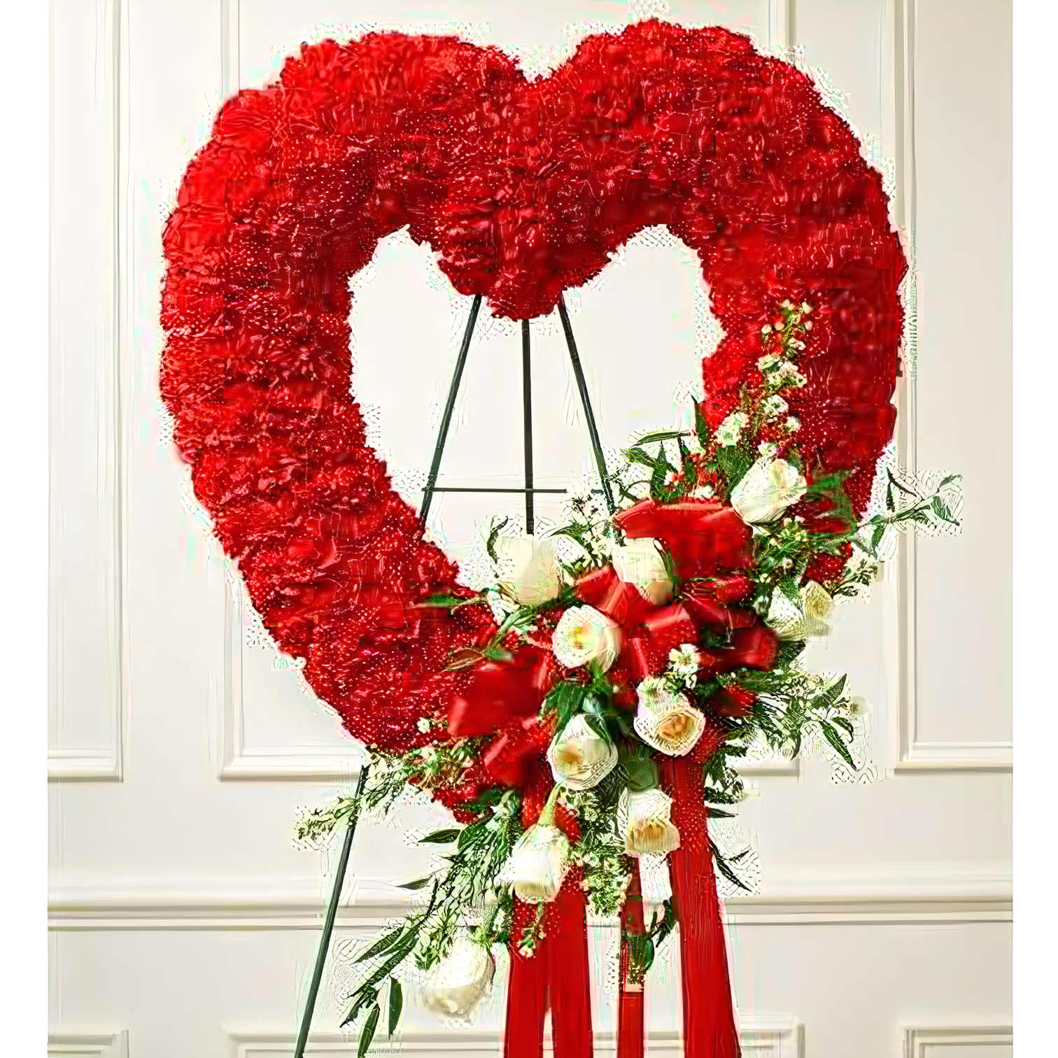 Red and White Open Heart with White Roses - Funeral > Hearts