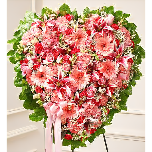 Pink Mixed Flower Heart - Funeral > Hearts