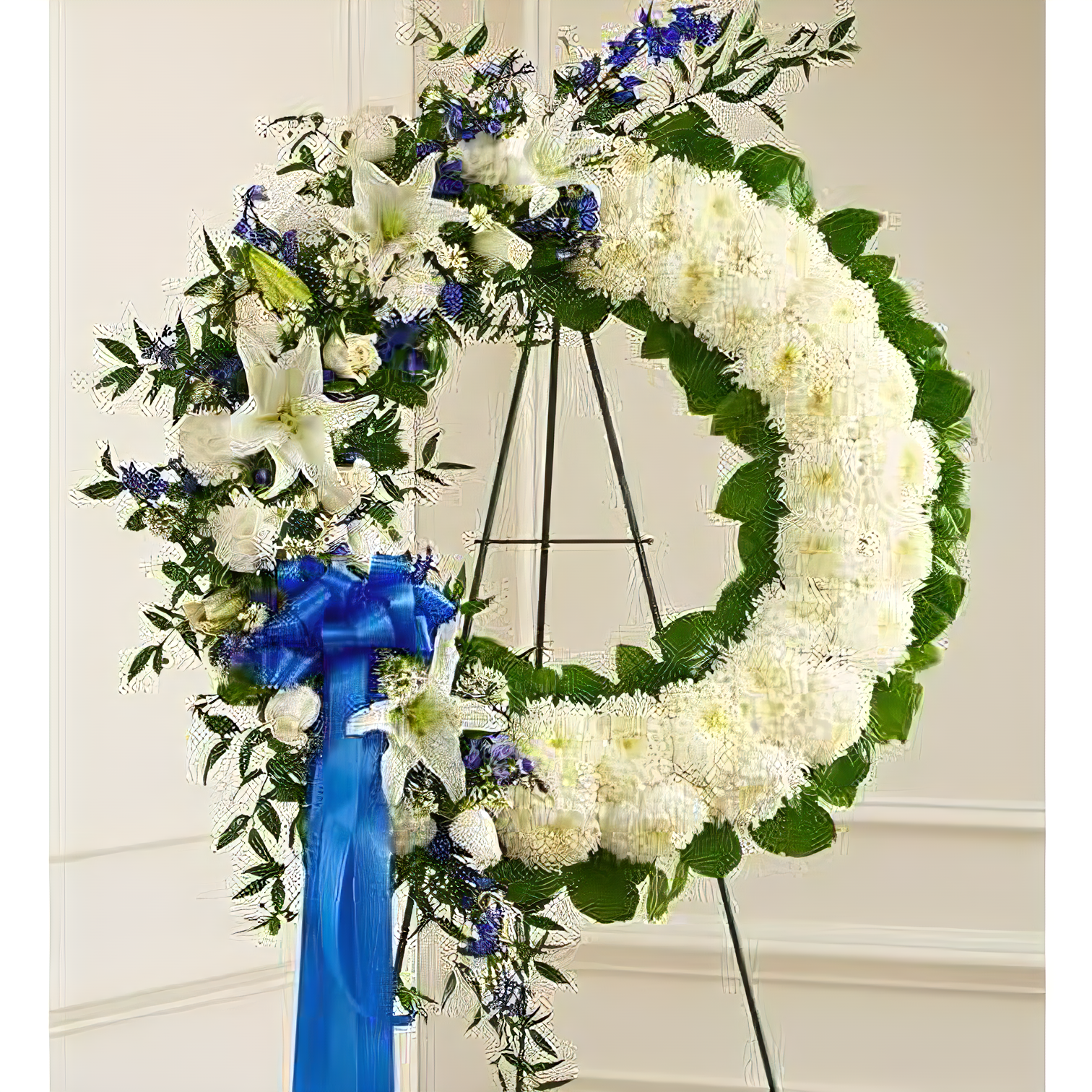 Serene Blessings Blue & White Standing Wreath - Funeral > Wreaths