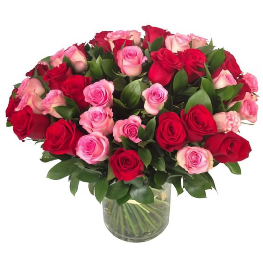 100 Premium Long Stem Red & Pink Rose in a Vase - Valentine's Day