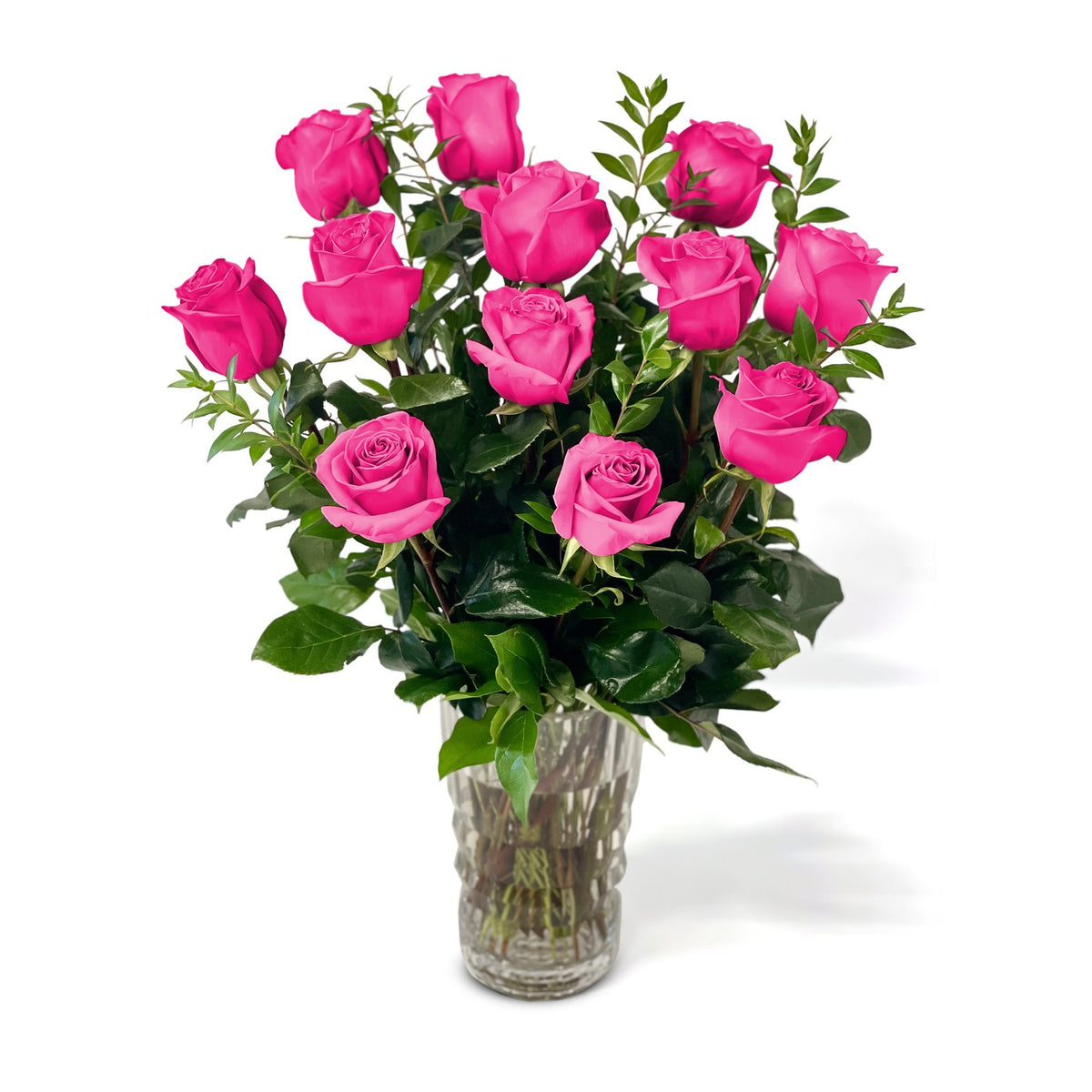 Fresh Roses in a Crystal Vase | Dozen Hot Pink - Roses