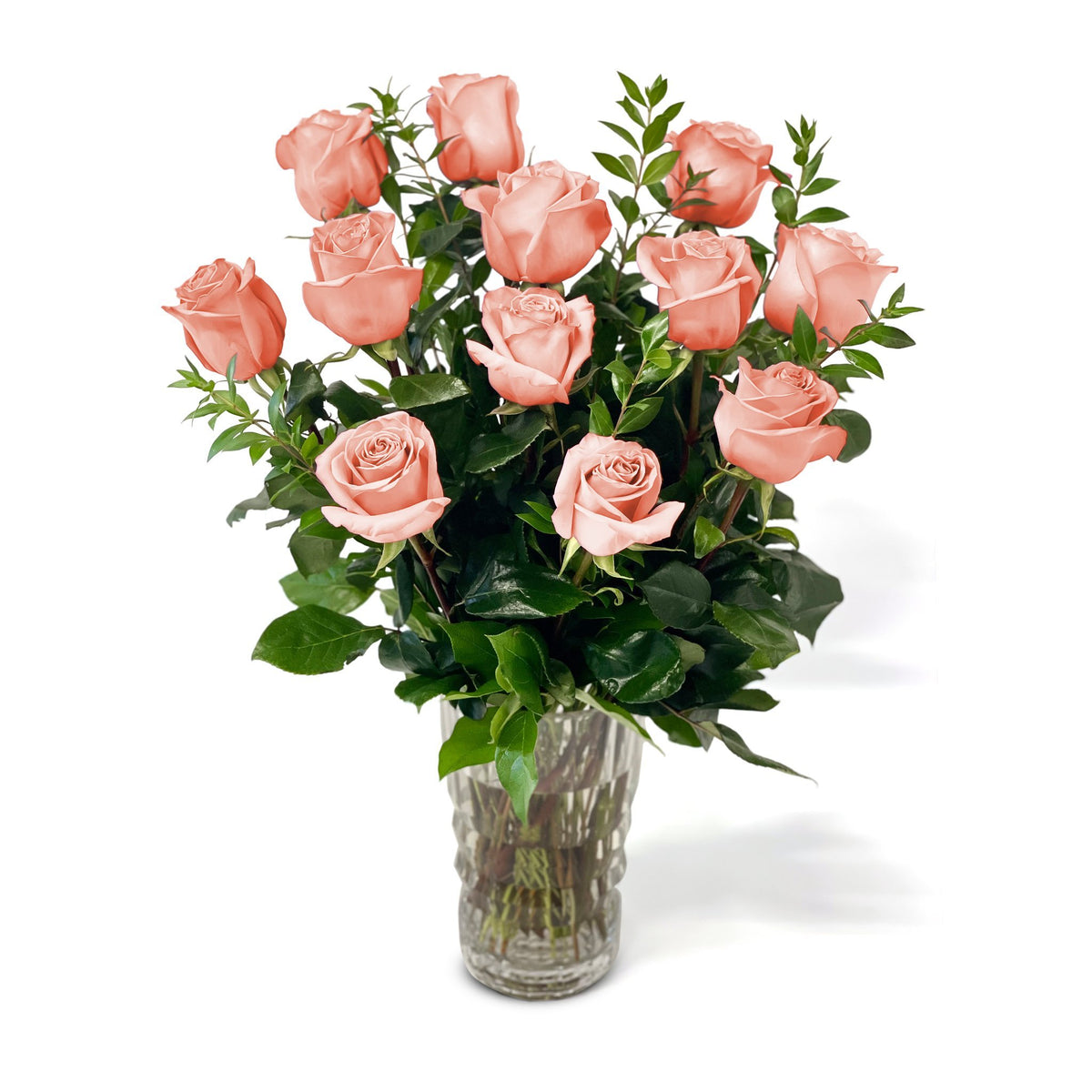 Fresh Roses in a Crystal Vase | Dozen Peach - Roses