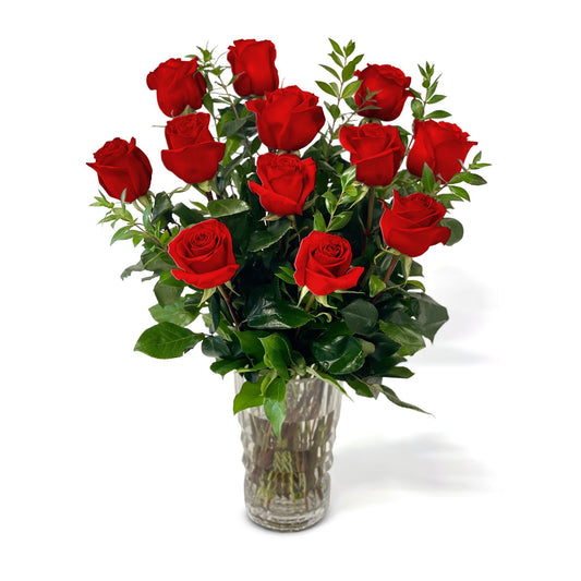 Fresh Roses in a Crystal Vase | Dozen Red - Roses