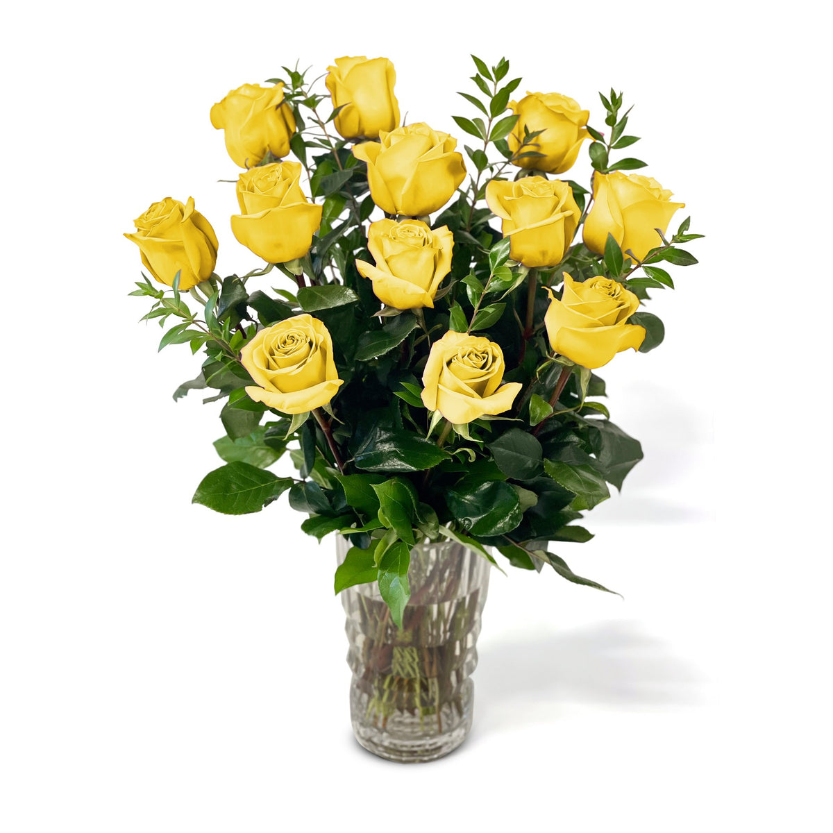 Fresh Roses in a Crystal Vase | Dozen Yellow - Roses