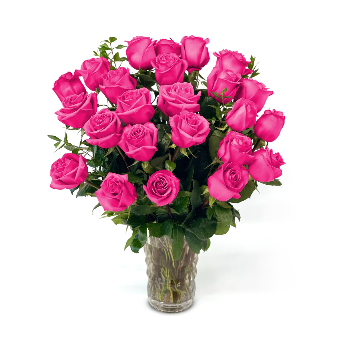 Fresh Roses in a Crystal Vase | Hot Pink - 2 Dozen - Roses