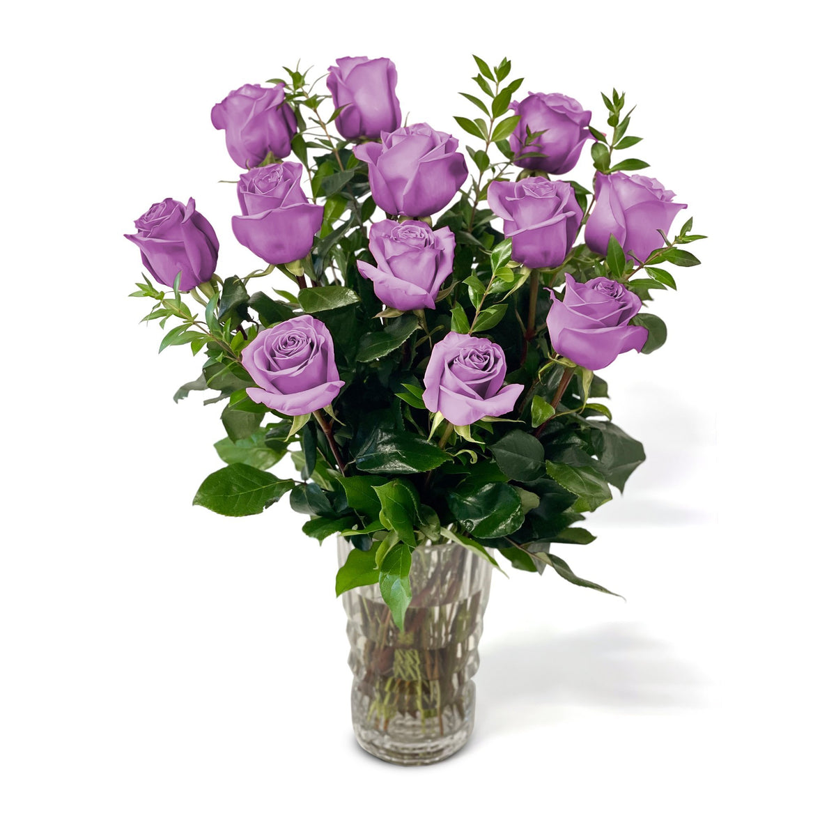 Fresh Roses in a Crystal Vase | Dozen Purple - Roses
